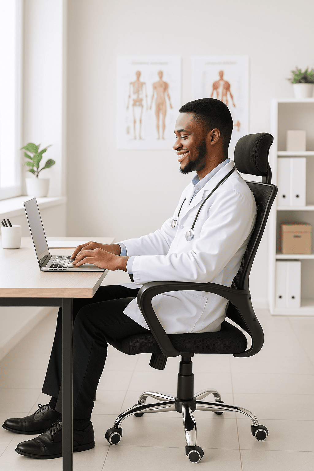  Smiling doctor in a white coat seated in a black ergonomic office chair with headrest, working on a laptop at a desk in a bright medical office with anatomical posters on the wall.